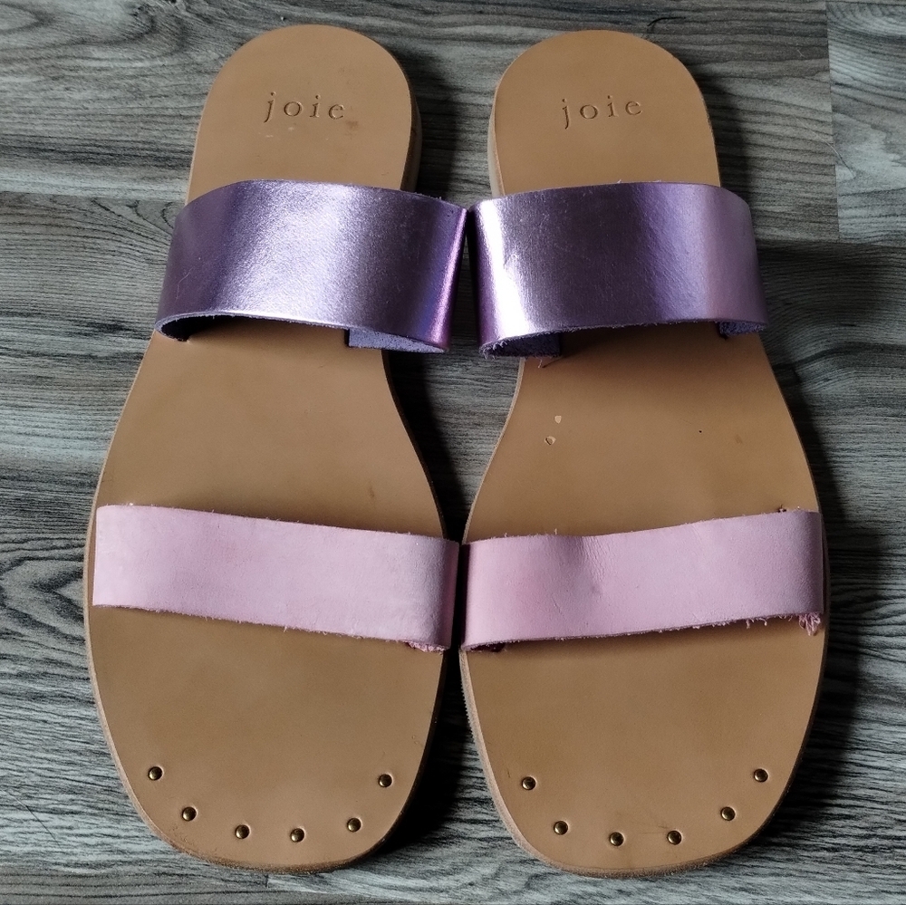 Joie Bannison Pink Purple Square Toe Leather Slide Sandals Women's Size 38 Us 8